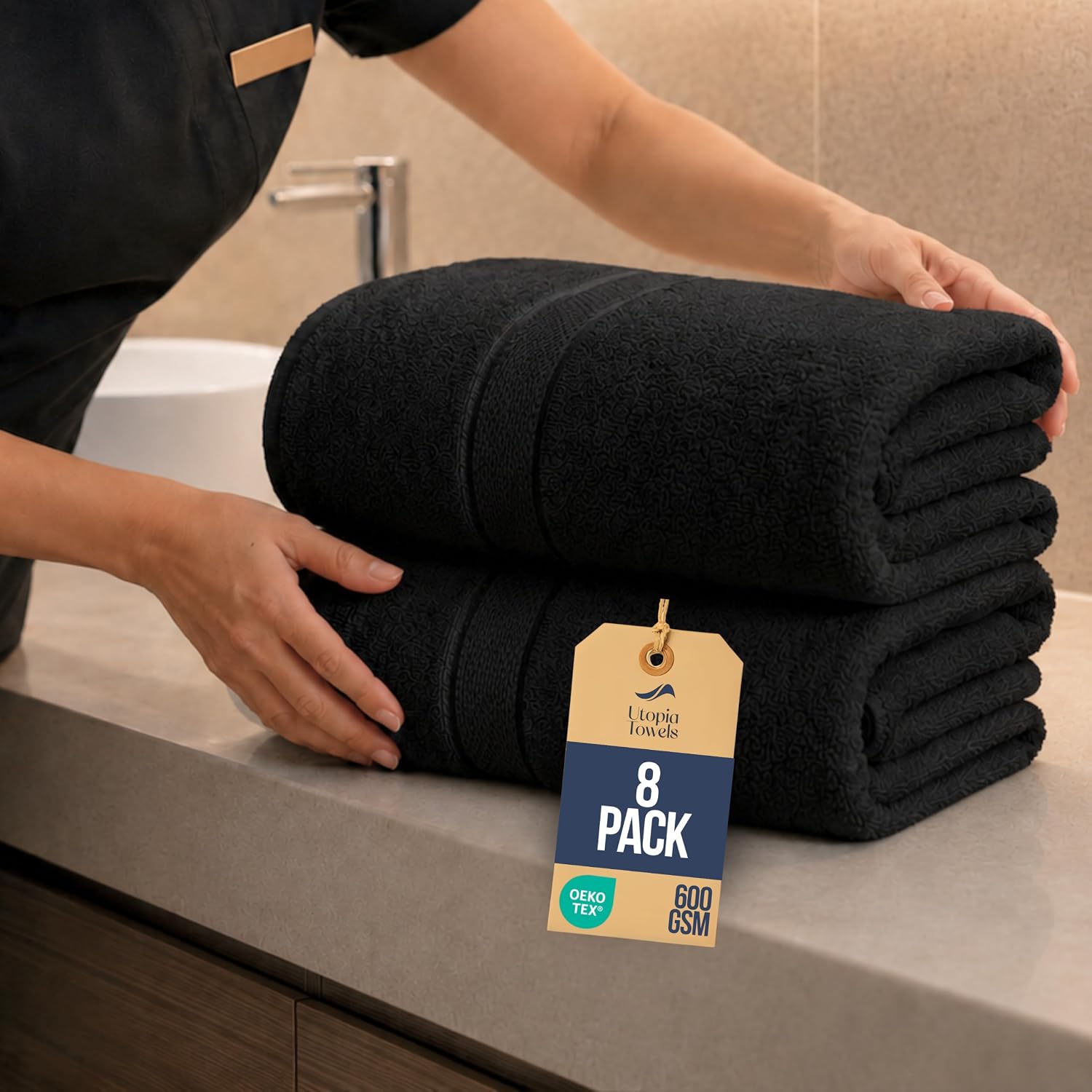 Bulk 8-Pack Commercial Jumbo Bath Sheets, 35" x 70", 600 GSM, Black
