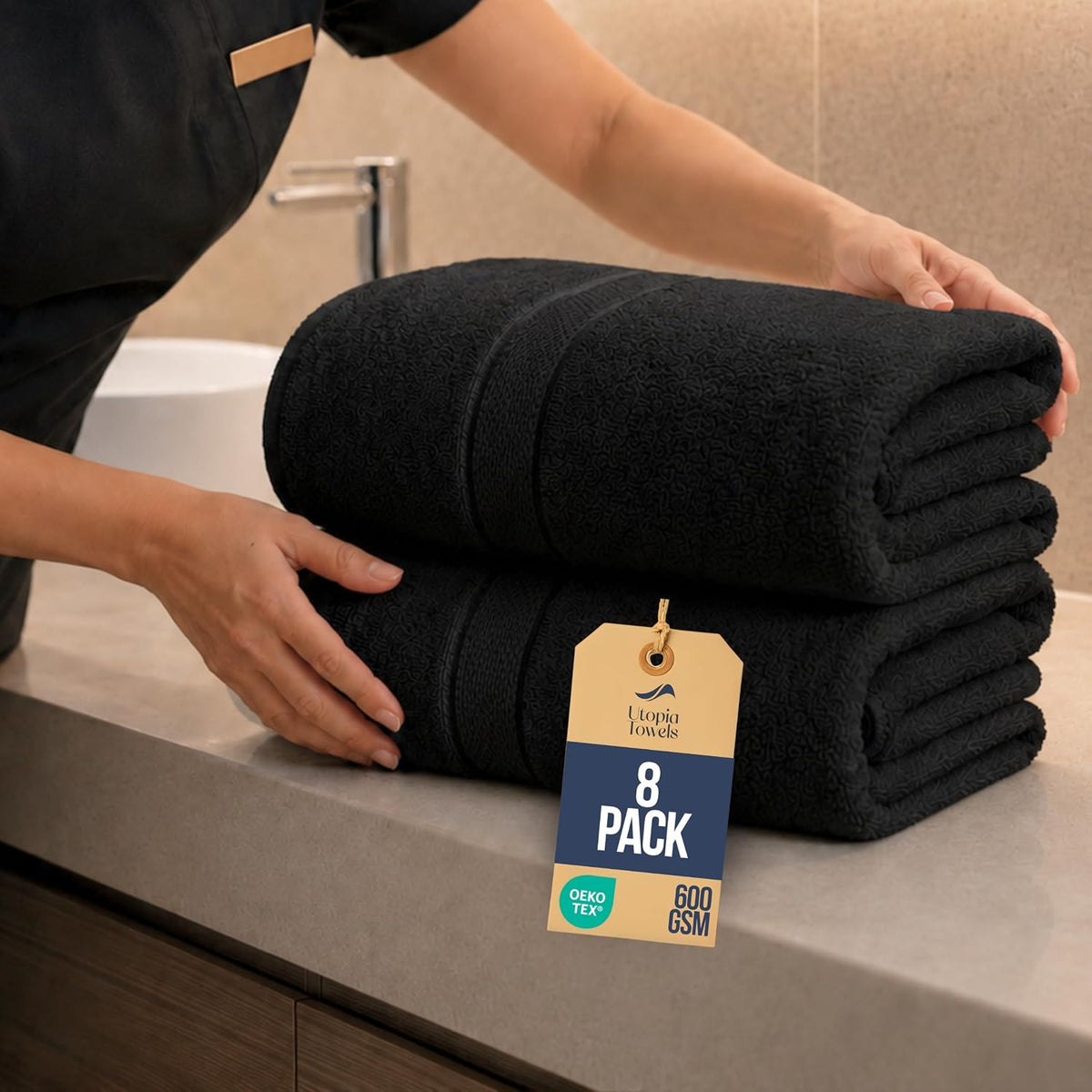 Bulk 8-Pack Commercial Jumbo Bath Sheets, 35" x 70", 600 GSM, Black