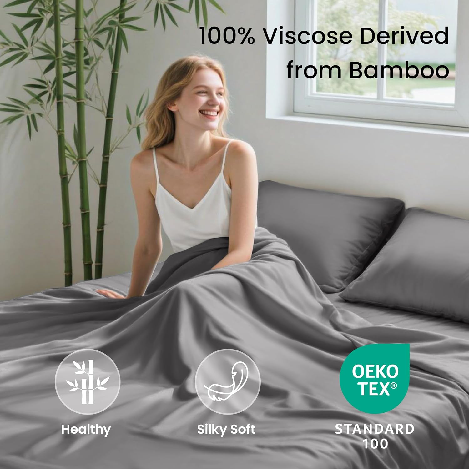 Love's cabin 4 Piece Full Size Sheet Set, 100% Rayon Derived from Bamboo, Cooling & Breathable, Soft Silky Deep Pocket up to 16", Hotel Luxury Bedding for Hot Sleepers, Grey