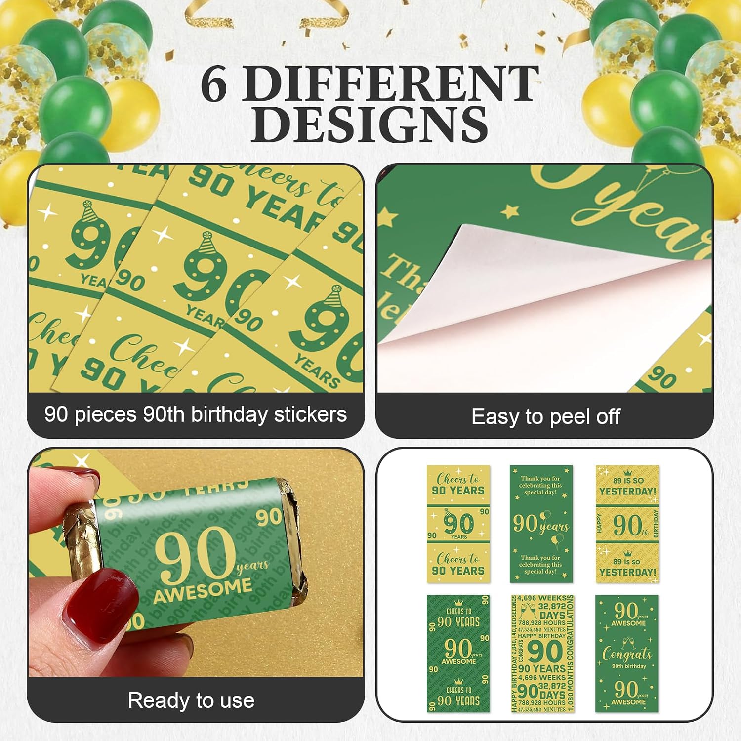 Tenare 90 Pcs 90th Birthday Candy Wrappers, Green and Gold Stickers
