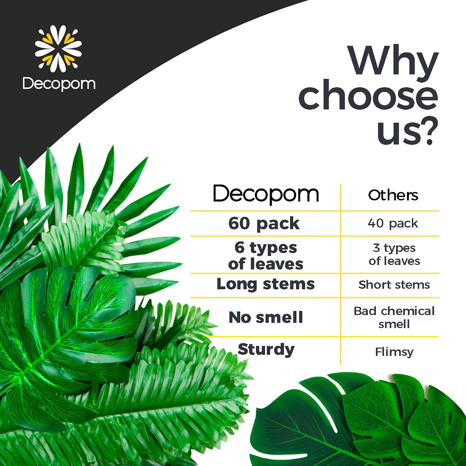 Decopom Artificial Palm Leaves 60-108 Pack - 6 Kinds Large Small Green Fake Palm Leaf with Stems for Safari Jungle Hawaiian Luau Party Table Decoration Wedding Birthday