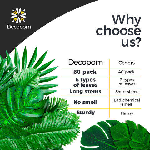 Decopom Artificial Palm Leaves 60-108 Pack - 6 Kinds Large Small Green Fake Palm Leaf with Stems for Safari Jungle Hawaiian Luau Party Table Decoration Wedding Birthday