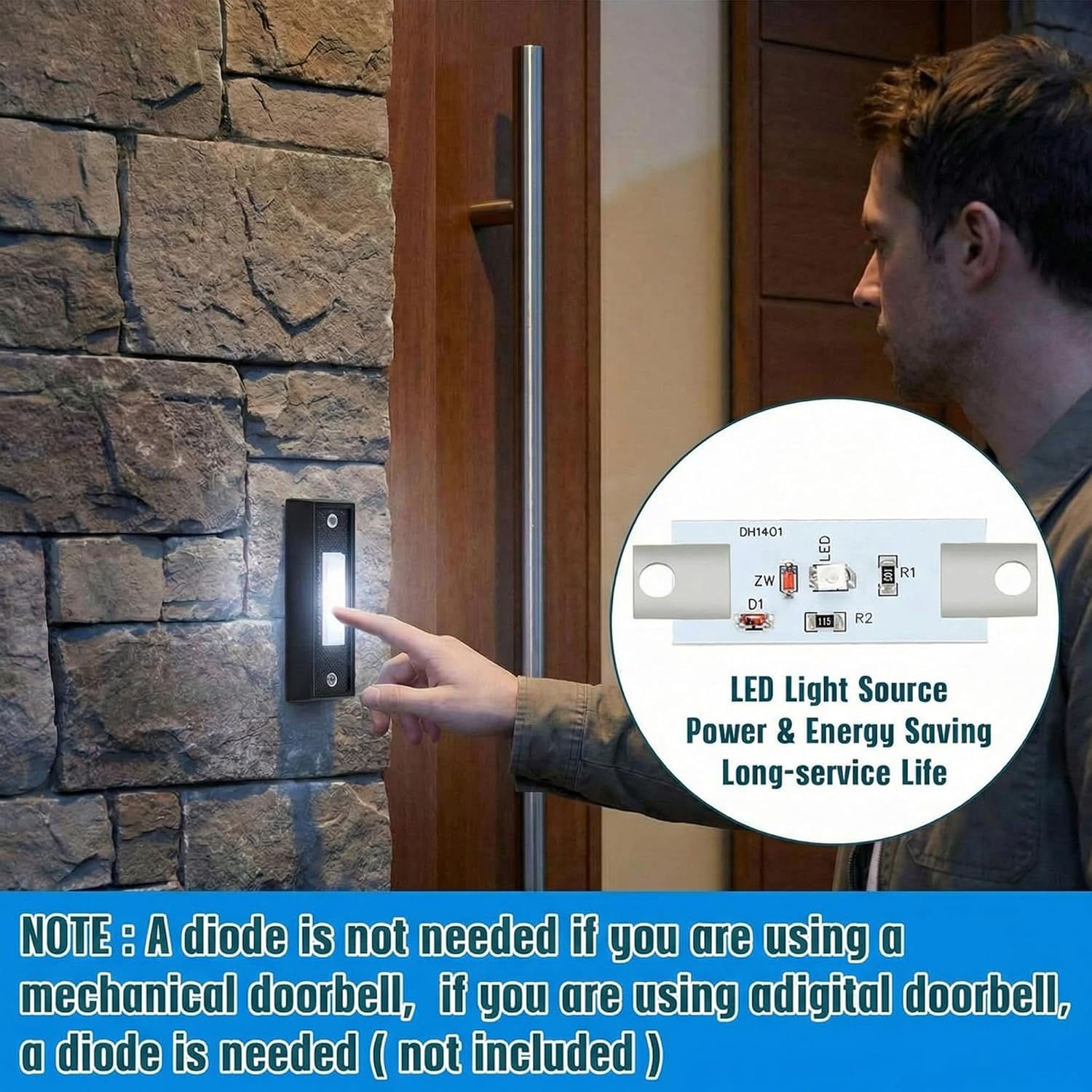 Saillong 1 Piece Lighted Doorbell Button, Black, White Light