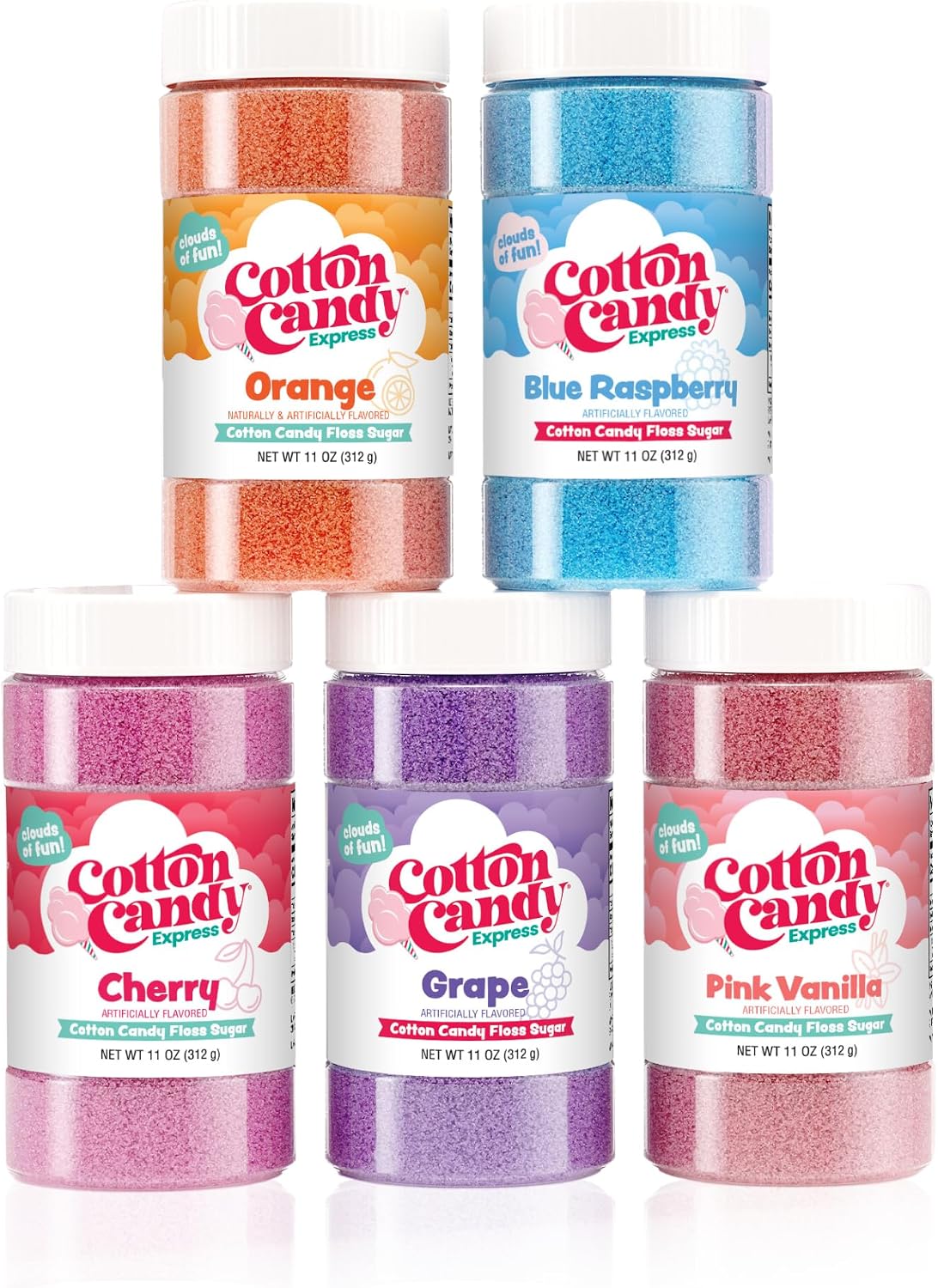 Cotton Candy Express BB1000-S Cotton Candy Machine, with 5-11oz. Jars of Cherry, Grape, Blue Raspberry, Orange, Pink Vanilla Floss Sugar & 50 Paper Cones Easy to Use and Clean