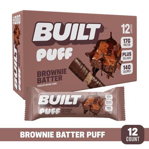 BUILT Puff Protein Bars, Brownie Batter Puff, High Protein Bars, 17g High Protein Snacks, On-The-Go Bars, only 140 Calories, 6g Sugar, Collagen, Gluten Free, 12 Count