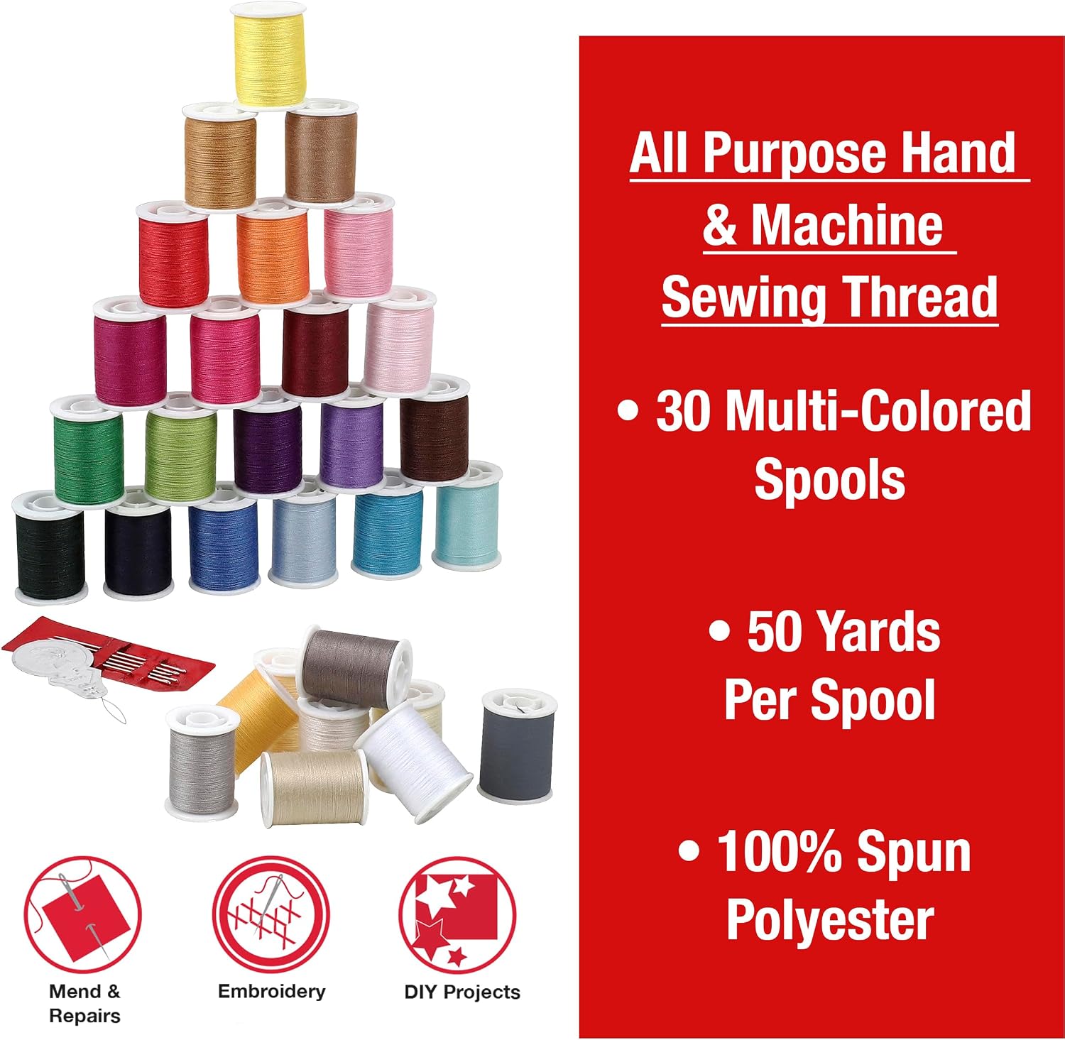 SINGER Polyester Sewing Thread Set, Assorted Colors, 50 Yards, 30 Count