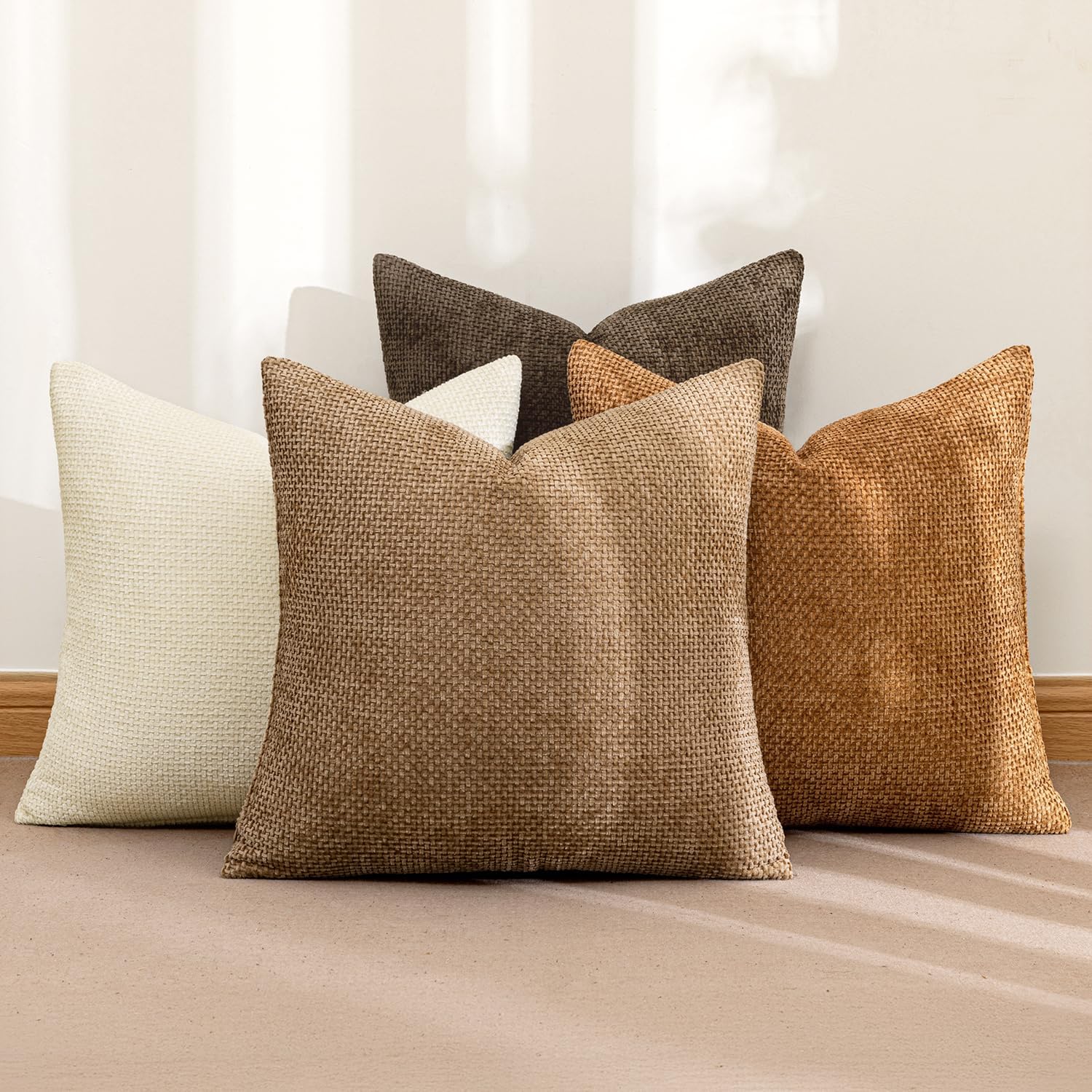 MIULEE Soft Decorative Chenille Fall Pillow Covers Brown 18x18 Pack of 4