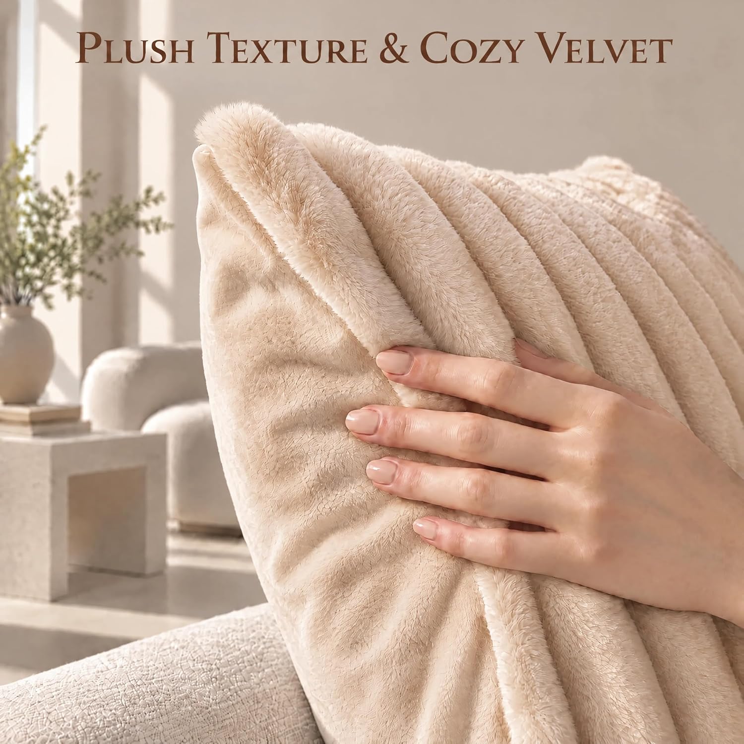 Set of 2 Decorative Throw Pillow Covers 26x26, Fall Faux Fur Apricot