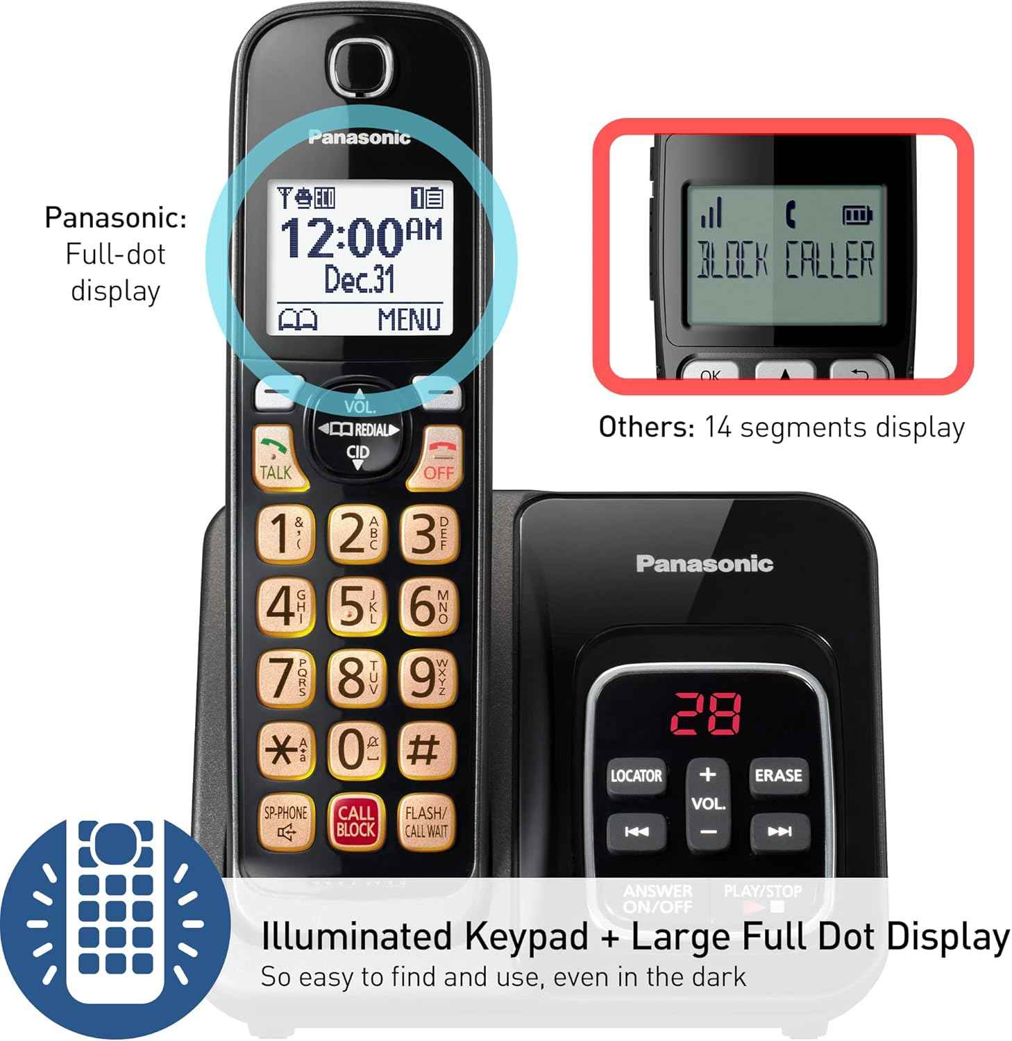 Panasonic Cordless Phone with Answering Machine, Advanced Call Block, Bilingual Caller ID and High-Contrast Display, Expandable System with 1 Handset Cordless Telephone - KX-TGD830M (Metallic Black)