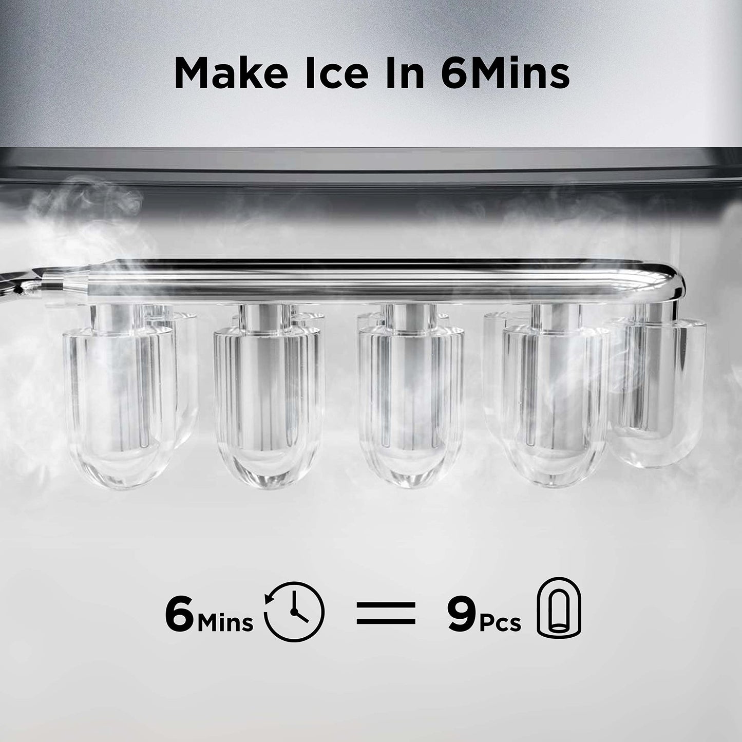 Silonn Ice Makers Countertop, 9 Cubes Ready in 6 Mins, 26lbs in 24Hrs, Self-Cleaning Ice Machine with Ice Scoop and Basket, 2 Sizes of Bullet Ice for Home Kitchen Office Bar Party, Sliver