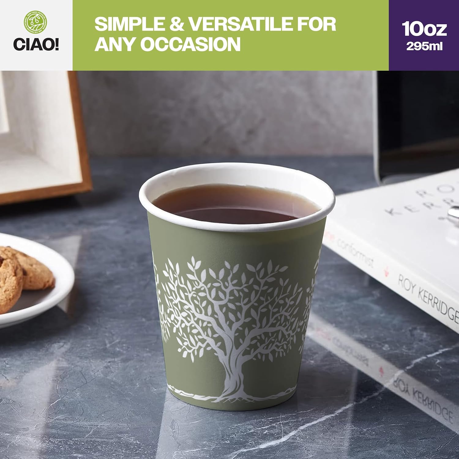 CIAO! 10oz Paper Hot Cup, Rooted Olive Print, (Case of 1,000)