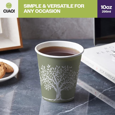 CIAO! 10oz Paper Hot Cup, Rooted Olive Print, (Case of 1,000)