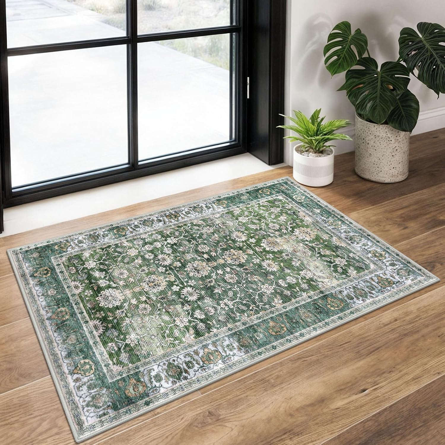 KUTA Vintage Floral Green Entryway Rug 2x3, Kitchen Rugs Washable