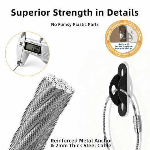 RORMGO Furniture Anchors 10-Pack, Anti Tip Furniture Anchors for Baby Proofing, Extra-Strong Metal Wall Anchor Straps with Steel Cable to Secure Dresser, Bookcase, Wardrobe & Cabinet, Black