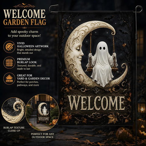 Halloween Decorations - Ghost Swinging on Moon Welcome Garden Flag