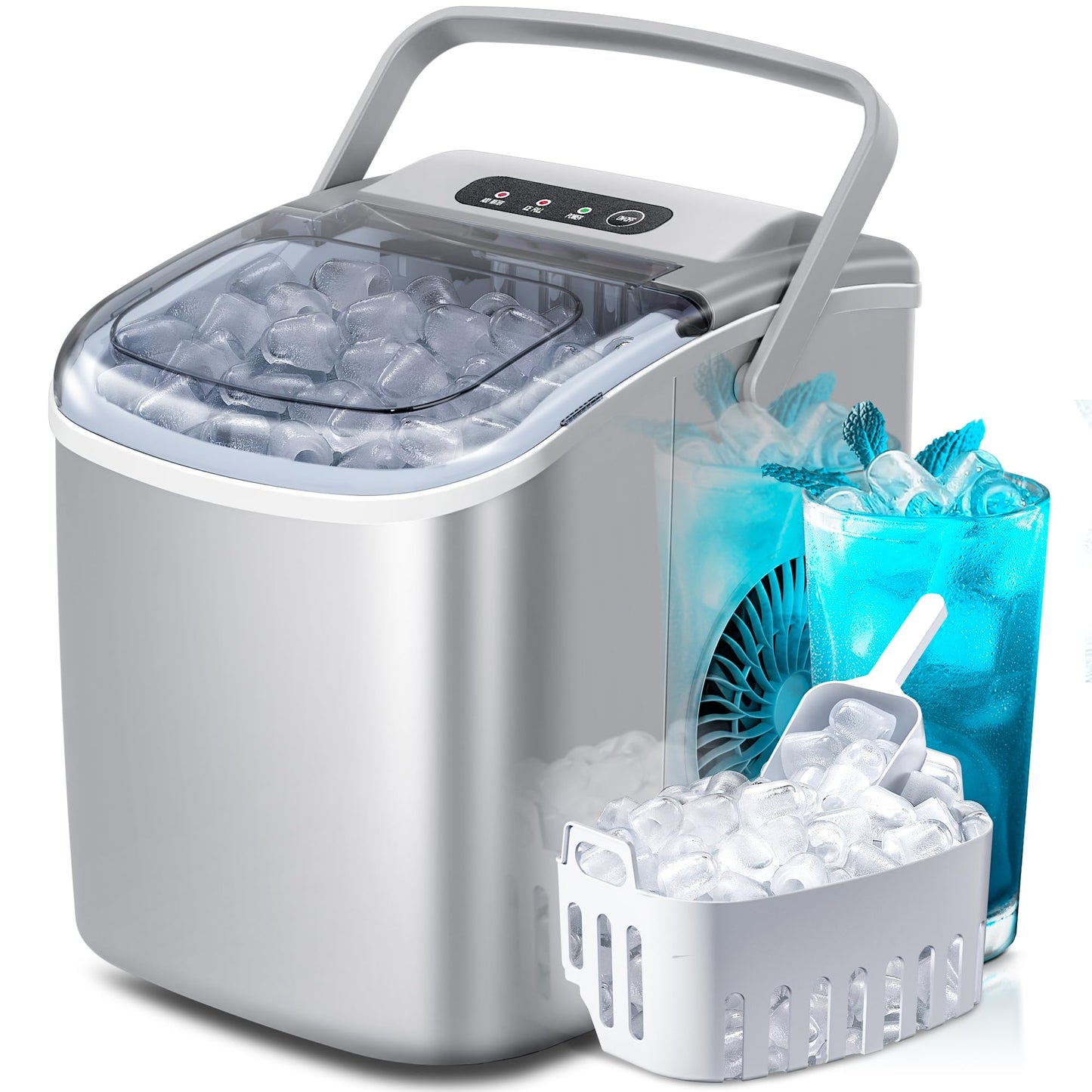 Portable Countertop Ice Maker Machine with Handle, 9 Bullet-Shaped Ice Cubes Ready in 6 Mins, 26Lbs/24H, Self-Cleaning Function with Ice Scoop and Basket for Home/Kitchen/Party (Grey)