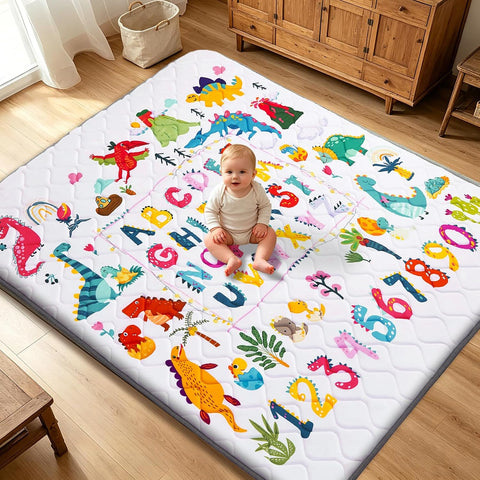Baby Play Mat - Thicken 71x59 Inch Soft Foam Crawling Mat for Playpen & Floor, Non-Slip Waterproof Playmats for Infants & Toddlers, Portable Foldable & Machine Washable, Dinosaur & Letters
