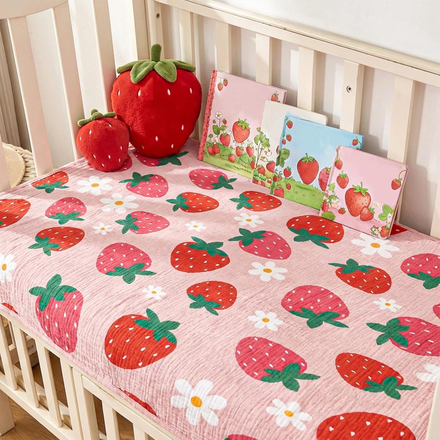 Breling Pink Strawberry Muslin Baby Blanket for Girl Boy 40x36 Inch