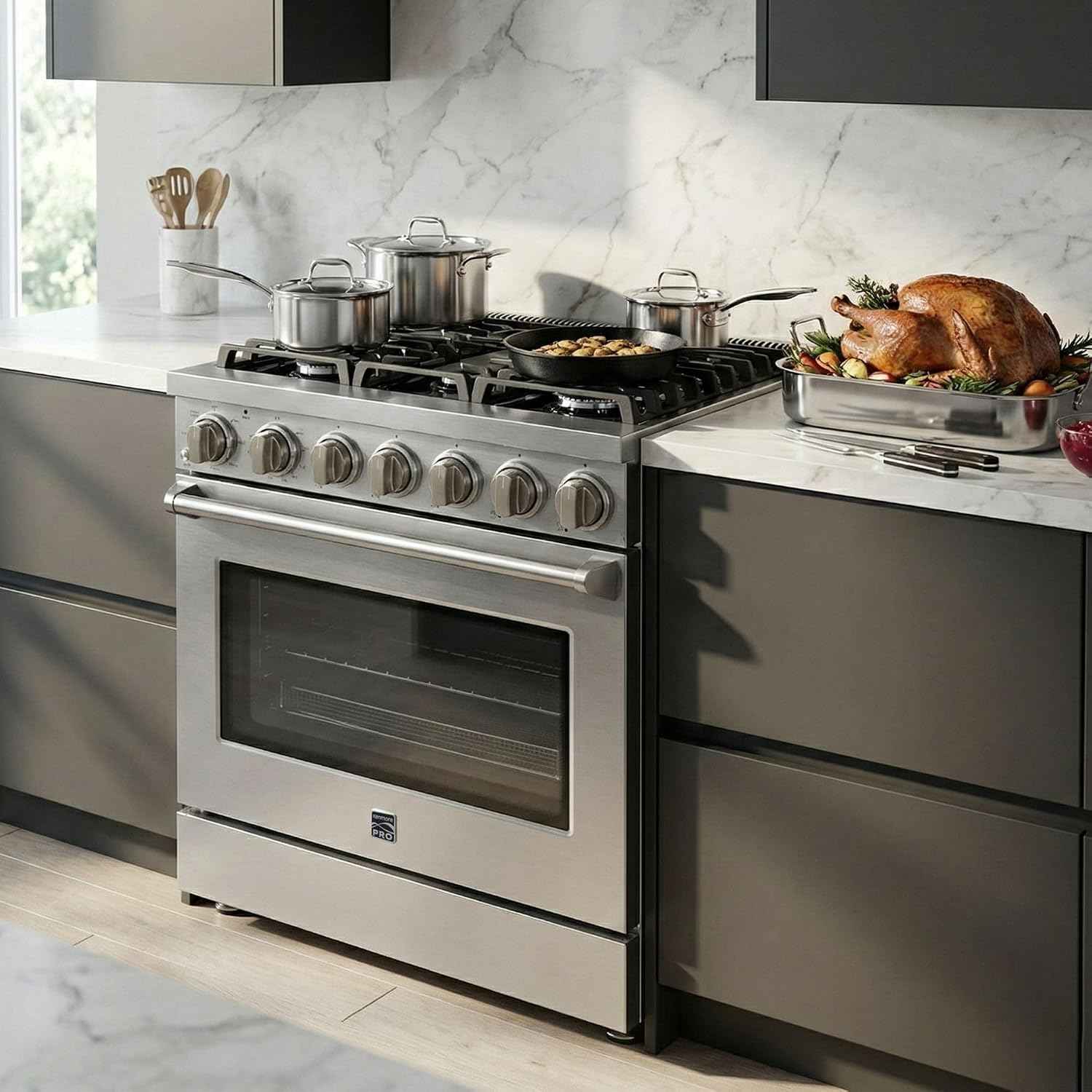 Kenmore PRO 30" Front Control Freestanding Gas Range, 5.0 Cu. Ft Oven With True Convection & Air Fry, 5 Burner Cooktop, 7 Function Convection Oven With Pizza, Defrost & Steam Clean, Stainless Steel