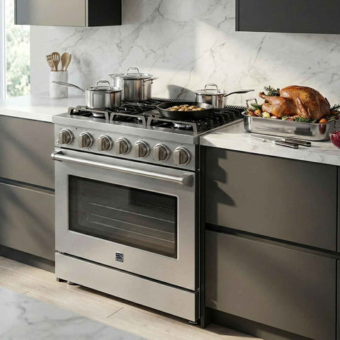 Kenmore PRO 30" Front Control Freestanding Gas Range, 5.0 Cu. Ft Oven With True Convection & Air Fry, 5 Burner Cooktop, 7 Function Convection Oven With Pizza, Defrost & Steam Clean, Stainless Steel