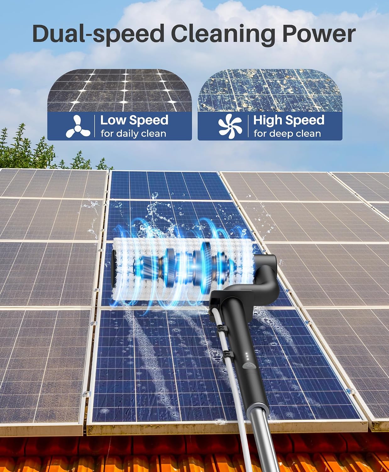 Electric Solar Panel Cleaning Brush, 20Ft, Soap Dispenser & Water Fed Pole