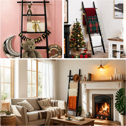 Farmhouse Wooden Blanket Ladder with Removable Hooks Black 6-Tier