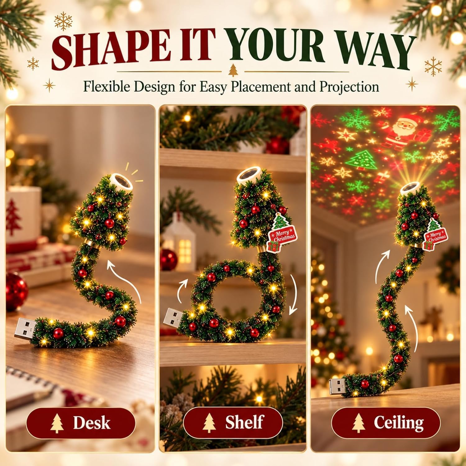 Christmas Projector Light, Plug and Play HD USB Christmas Tree Projector