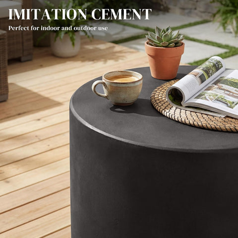 HOMCOM Outdoor Side Table Round Small End Table Concrete Finish Dark Gray