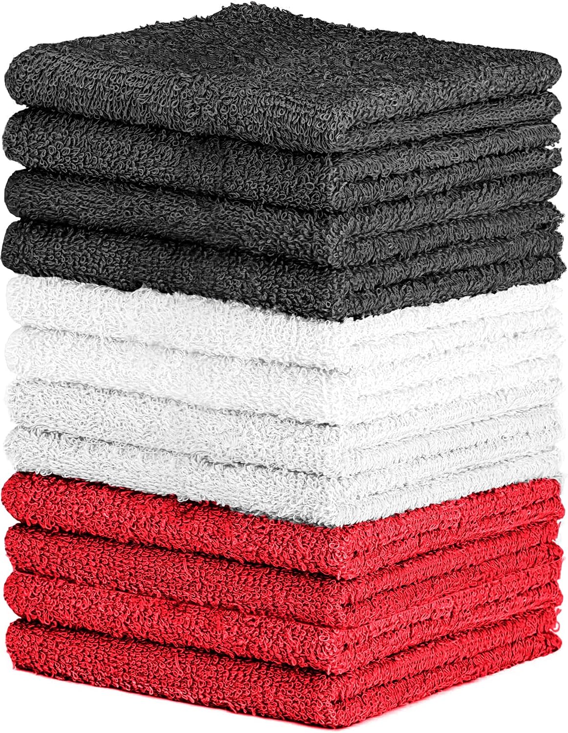 QUBA LINEN 100% Cotton Washcloth Set – Soft, Absorbent Face Towels for Bathroom & Gym Use – Durable & Reusable Wash Cloths - Dark Grey, White & Burgundy, 12x12 Inches, Pack of 12