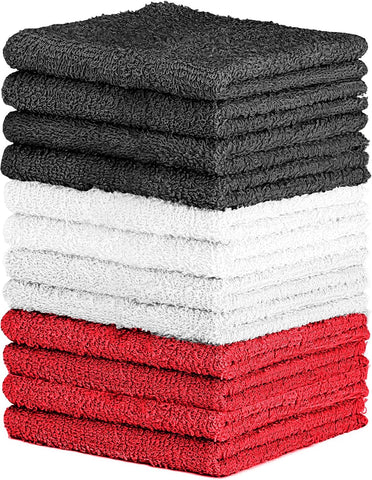 QUBA LINEN 100% Cotton Washcloth Set – Soft, Absorbent Face Towels for Bathroom & Gym Use – Durable & Reusable Wash Cloths - Dark Grey, White & Burgundy, 12x12 Inches, Pack of 12