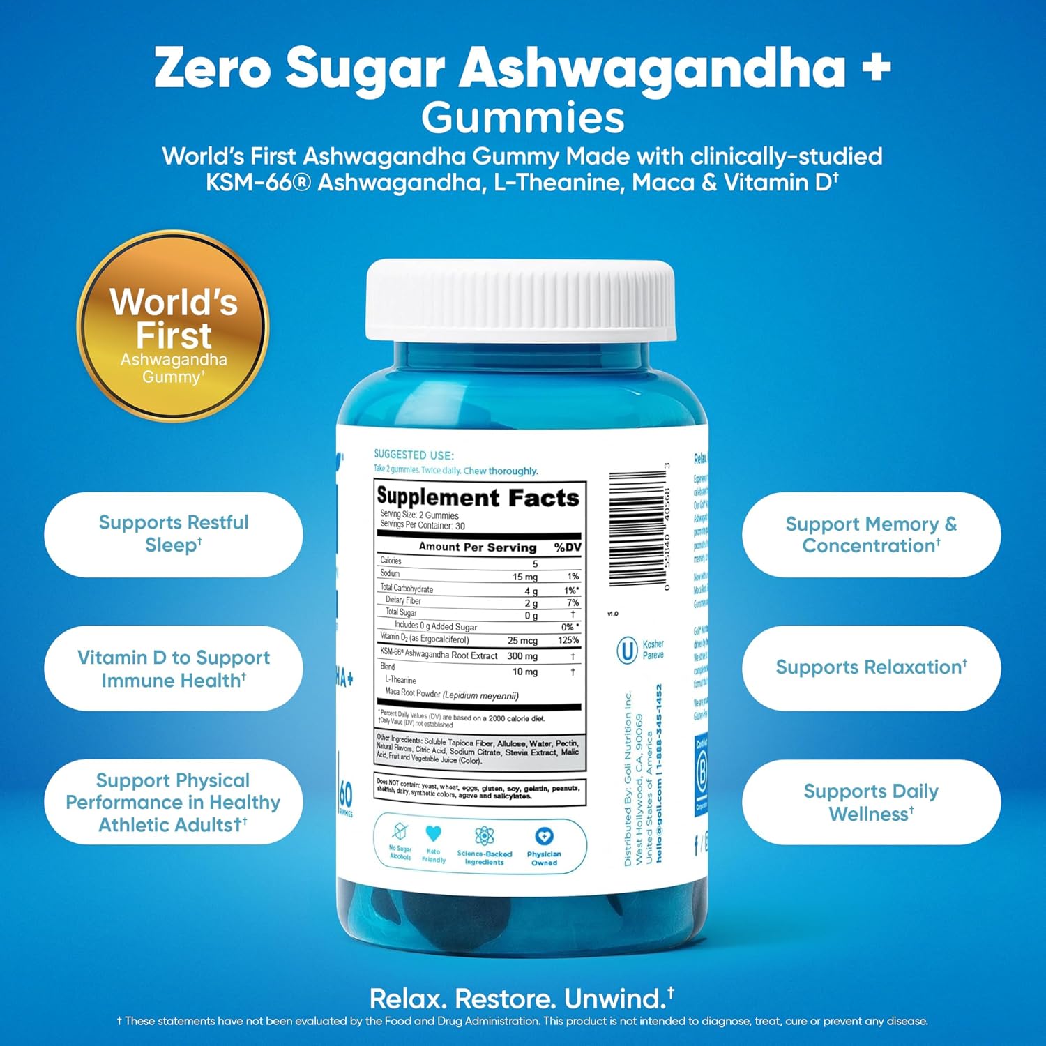 Goli Zero Sugar Trio - World's First 3-in-1 Pre, Post, Probiotic, Apple Cider Vinegar with Vitamin B12 and Probiotics, Ashwagandha & L-Theanine, Vitamin D Gummies, 180 Count (3-Bottle Set)