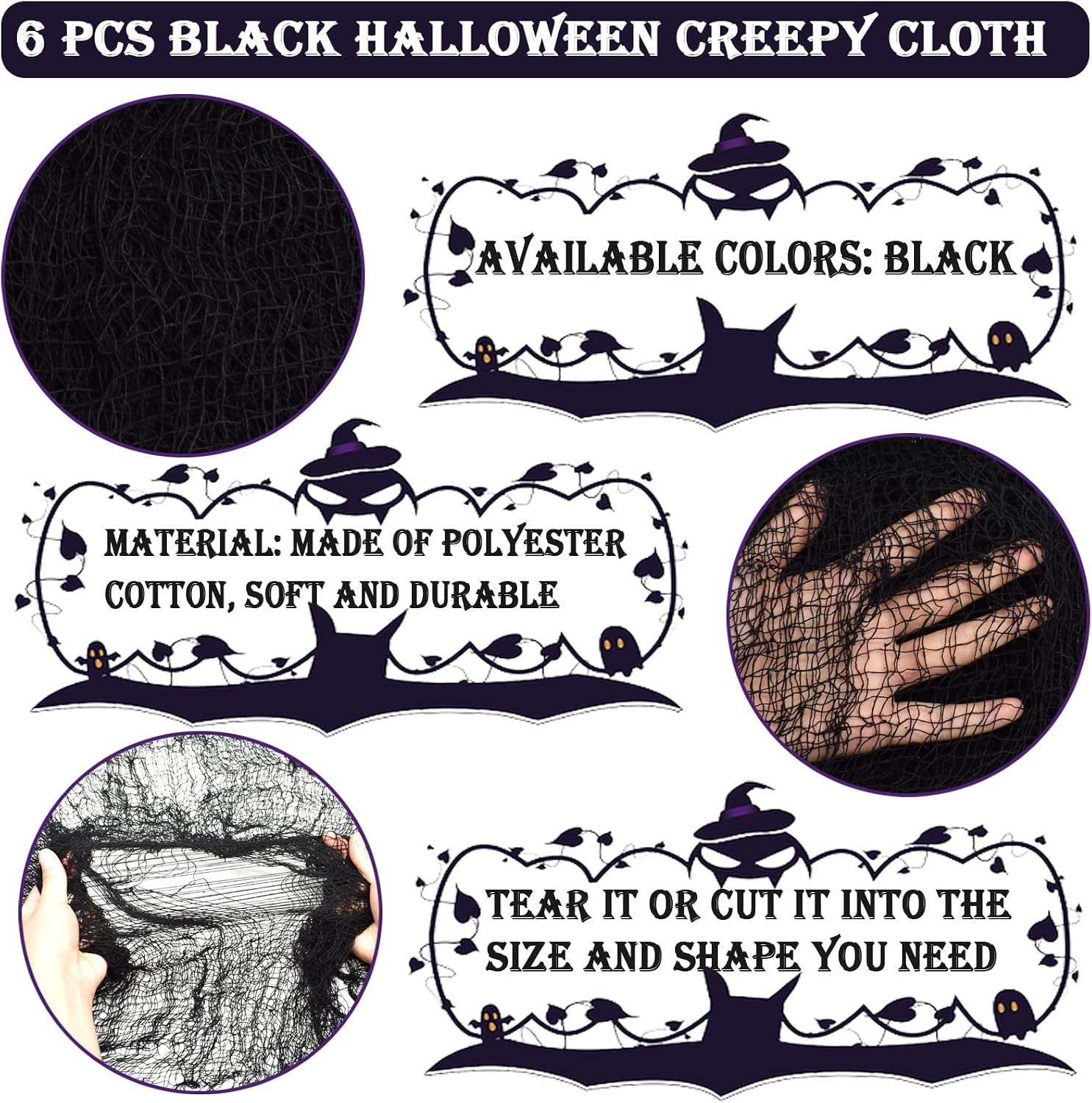 ZeeDix 6 Pack Black Halloween Creepy Cloth 30 × 75 Inch - Halloween Cheesecloth Decoration Spooky Scary Gauze Black Cheese Cloth for Party Supplies Outdoor Yard Home Wall Doorway