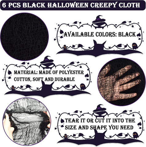 ZeeDix 6 Pack Black Halloween Creepy Cloth 30 × 75 Inch - Halloween Cheesecloth Decoration Spooky Scary Gauze Black Cheese Cloth for Party Supplies Outdoor Yard Home Wall Doorway