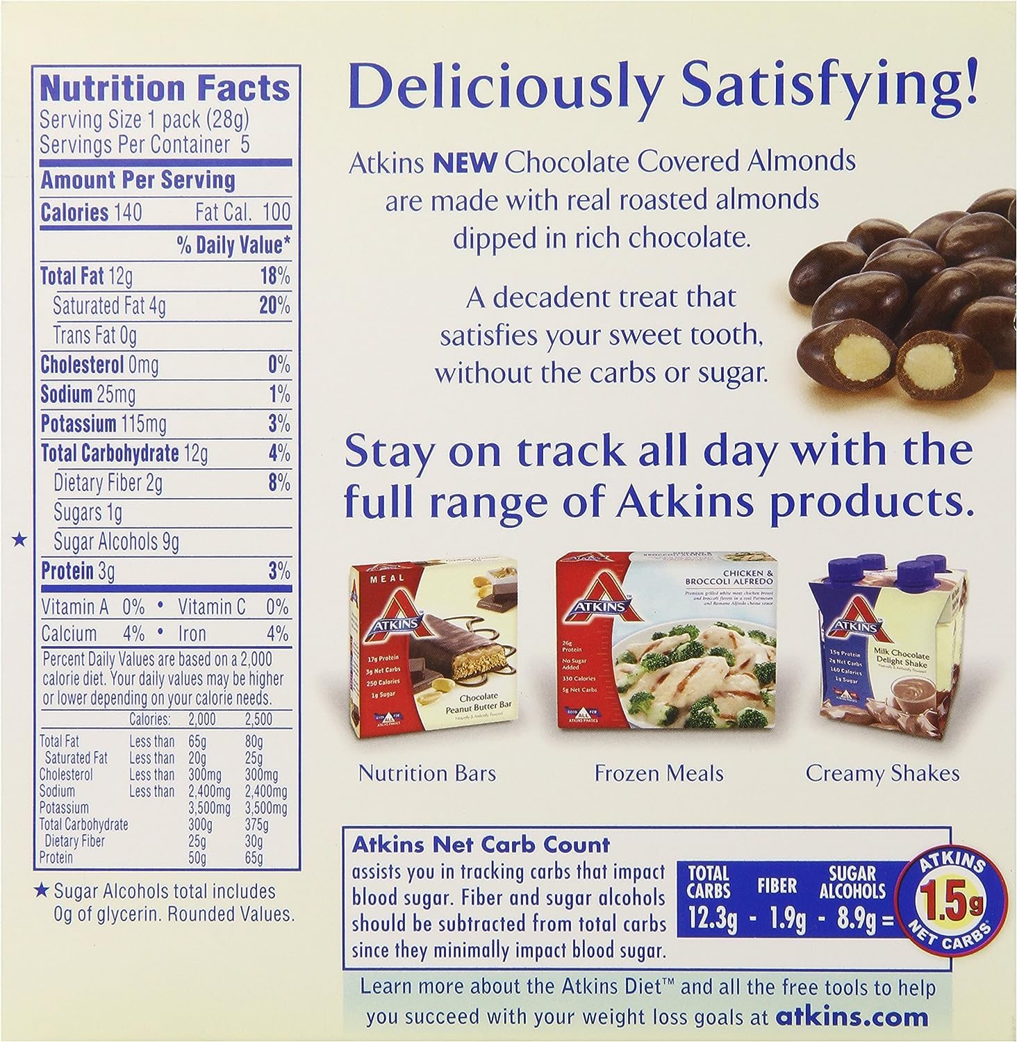 Atkins Endulge Chocolate Covered Almonds, 20 Count | 1g Sugar, Rich Chocolate Flavor, Crunchy Almonds, Individually Wrapped 1oz Packs, 4 Boxes of 5 Count Packs