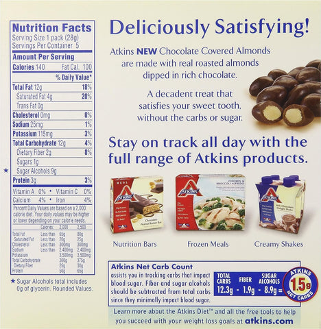 Atkins Endulge Chocolate Covered Almonds, 20 Count | 1g Sugar, Rich Chocolate Flavor, Crunchy Almonds, Individually Wrapped 1oz Packs, 4 Boxes of 5 Count Packs