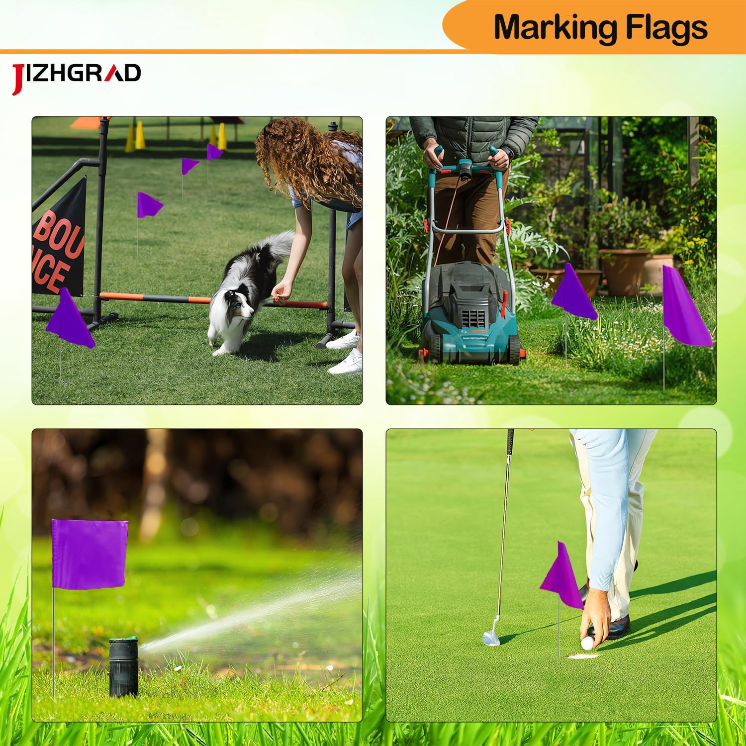 20Pack Purple Marking Flags, JIZHGRAD 13x4x5 Inch Marker Flags Use for Yard & Lawn, Boundary & Dog Training, Survey & Landscape, Sprinkler & Surveyor, Garden & Construction, High Visibility, Sturdy, Versatile, UV & Weather Resistant