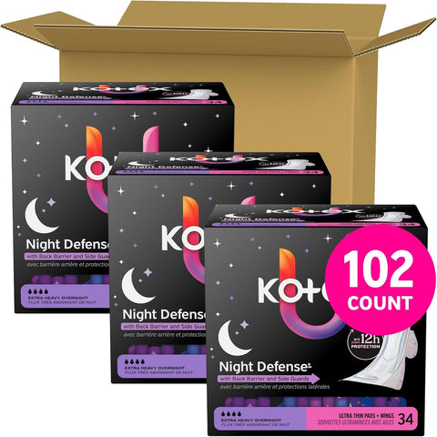 Kotex Ultra Thin Overnight Pads, Wings, Extra Heavy, 102 Count