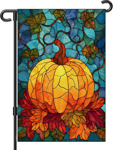 Fall Garden Flag 12x18 Inch for Outside Double Sided Fall Decorations Outdoor Yard Sign Stained Glass Pumpkin Maple Leaf Banner for Thanksgiving Autumn Decor