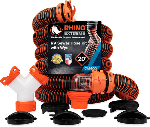 Camco RhinoEXTREME 20’ Camper/RV Sewer Hose - RV Accessories Include 360° Clear Swivel Wye Fitting & Removable 4-in-1 Adapter for Storage and Organization & More - TPE Tech for Durability (21056)