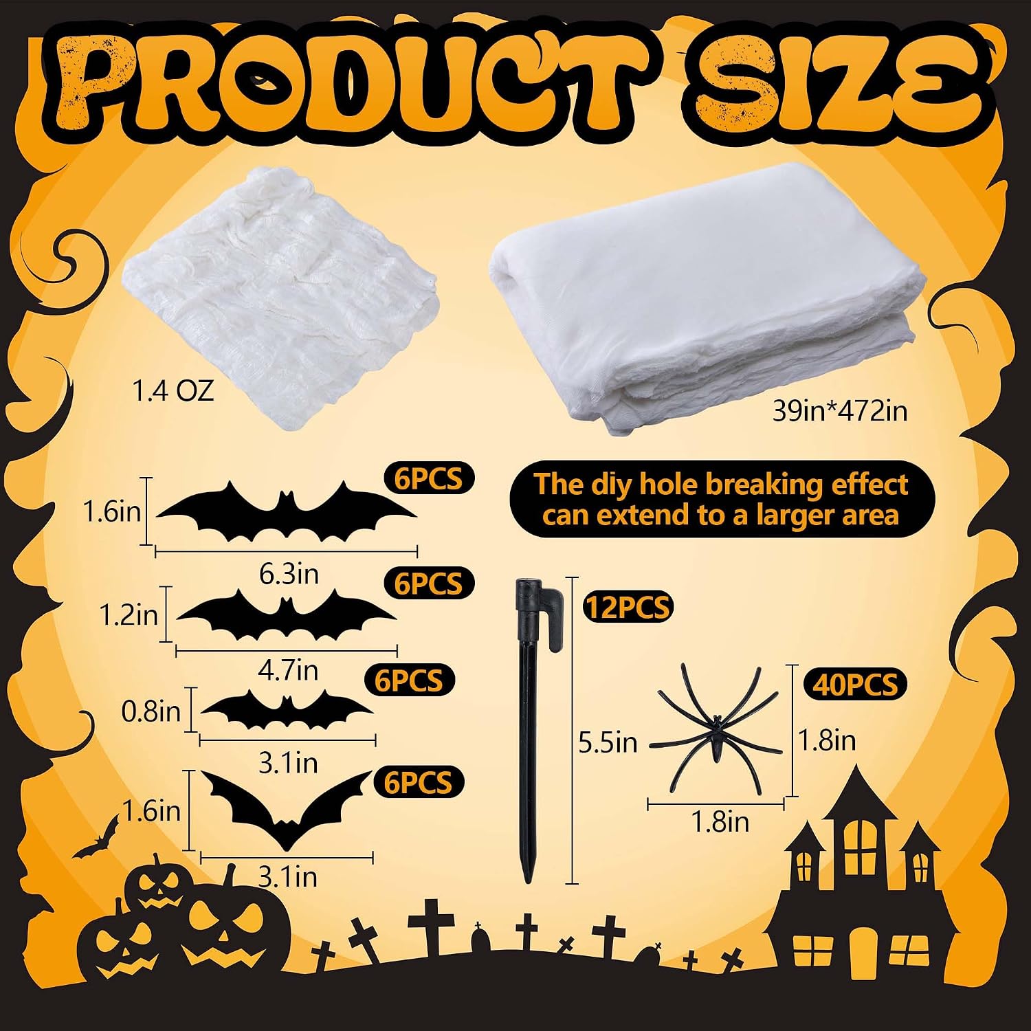 1360 Sqft Cuttable Stretchy Spider Web Halloween Decoration, White Giant Outdoor Beef Netting Halloween Spider Webs, DIY Spooky Gauze Cobweb Fake Spiders Bats for Yard Garden Party Decor (472" x 39")