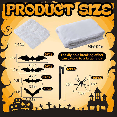 1360 Sqft Cuttable Stretchy Spider Web Halloween Decoration, White Giant Outdoor Beef Netting Halloween Spider Webs, DIY Spooky Gauze Cobweb Fake Spiders Bats for Yard Garden Party Decor (472" x 39")