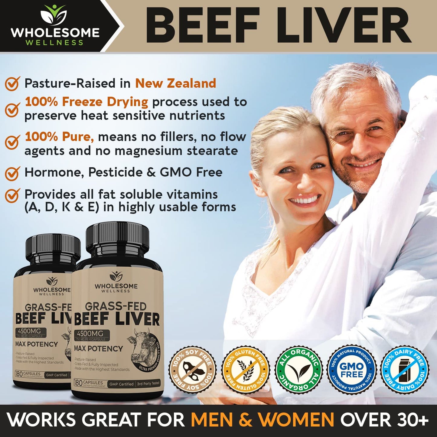 Grass Fed Desiccated Beef Liver Capsules (180 Pills, 750mg Each) - Natural Iron, Vitamin A, B12 for Energy - Humanely Pasture Raised Undefatted in New Zealand Without Hormones or Chemicals