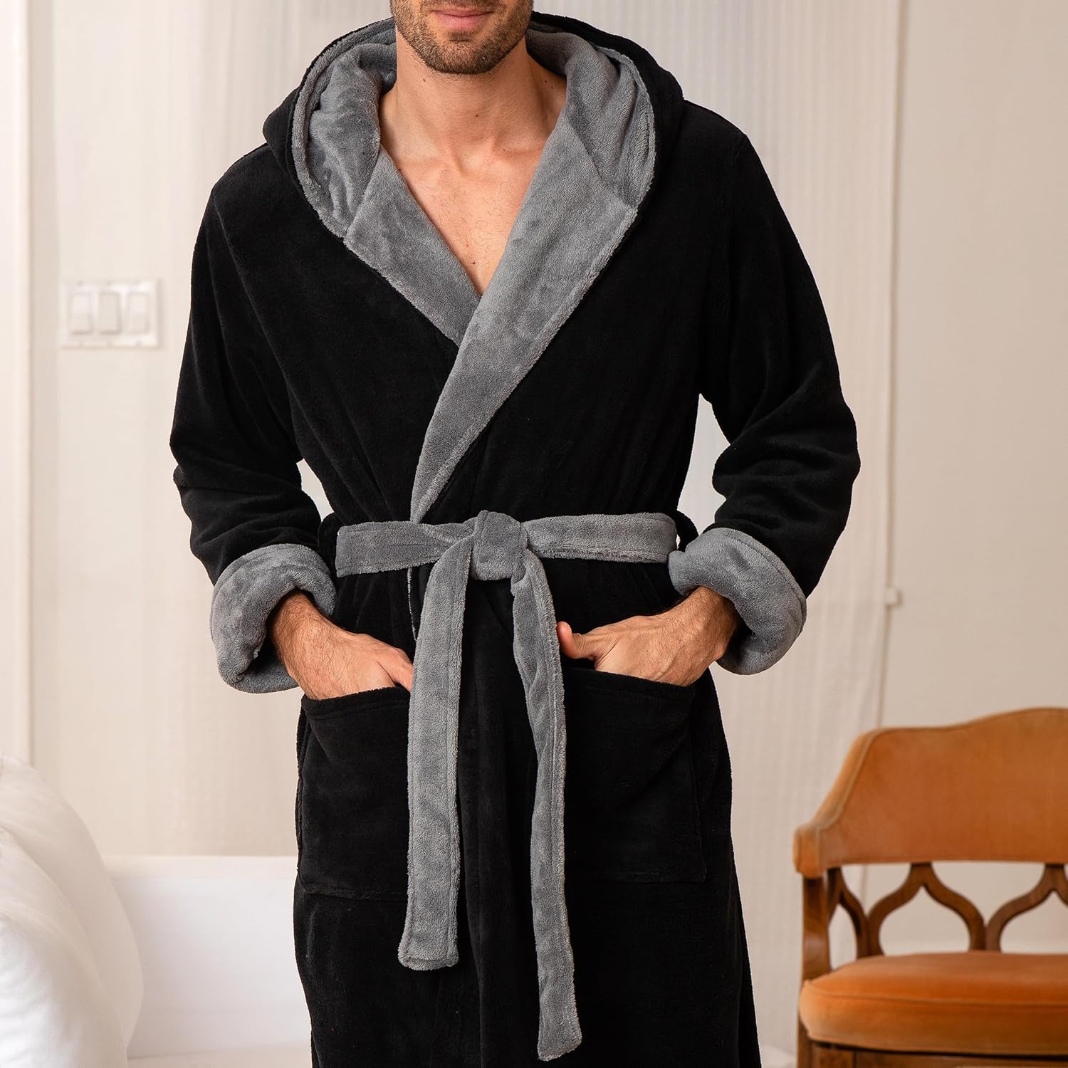 Men's Plush Fleece Hooded Robe with Pockets, Long Bathrobe