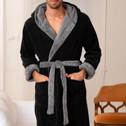 Men's Plush Fleece Hooded Robe with Pockets, Long Bathrobe