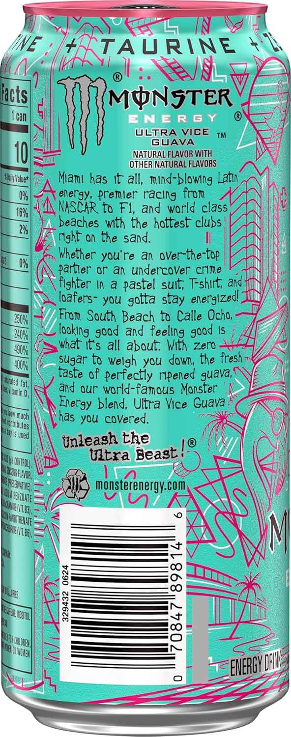 Monster Energy Ultra Vice Guava, Sugar Free Energy Drink, 16 Ounce (Pack of 15) | Pack of 15