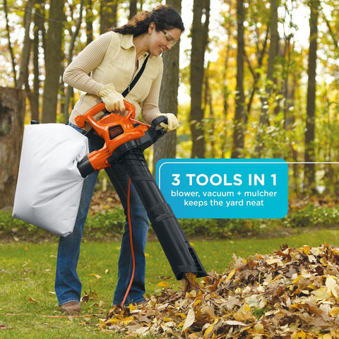 BLACK+DECKER Leaf Blower Leaf Vacuum and Leaf Mulcher 3-in-1, Electric Blowers for Lawn Care, 12 Amp, 250 MPH, 400 CFM (BV6000)