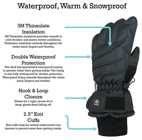 N'Ice Caps Kids Waterproof Winter Thinsulate Warm Gloves (Black, 10-12 Years)