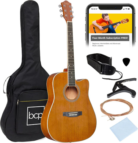 Best Choice Products 41in Beginner Acoustic Guitar Full Size All Wood Cutaway Guitar Starter Set w/Case, Strap, Capo, Strings, Picks - Natural Mahogany