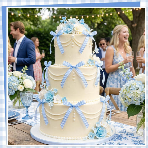 30 Pack Bow Cake Toppers Blue Gingham Ribbon Bows for Cake