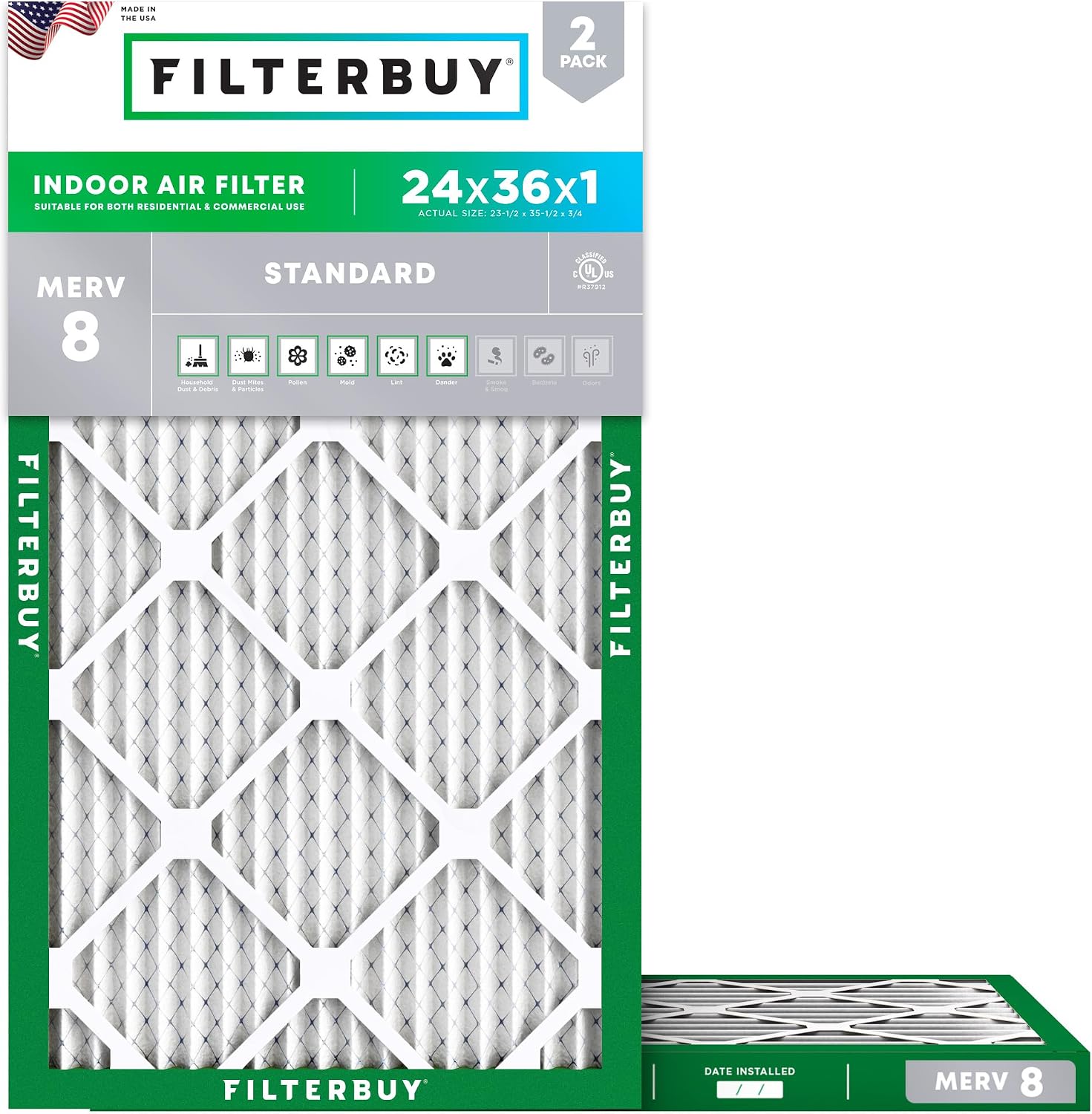 Filterbuy 24x36x1 Air Filter MERV 8 Dust & Allergy Defense (2-Pack)